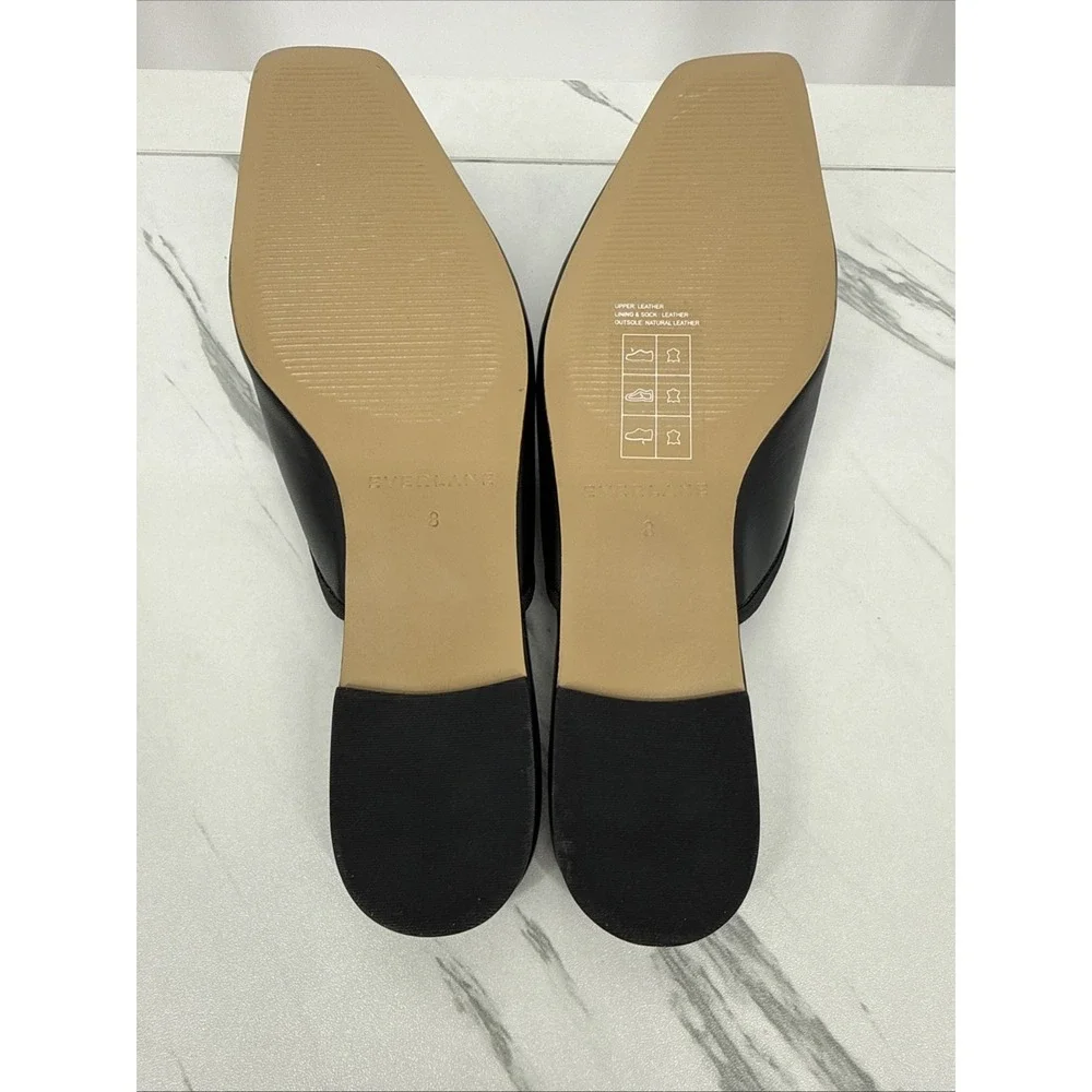 Everlane The Ballet Mule Leather Square Toe Bow Flat Slides Shoes Black Womens 8
